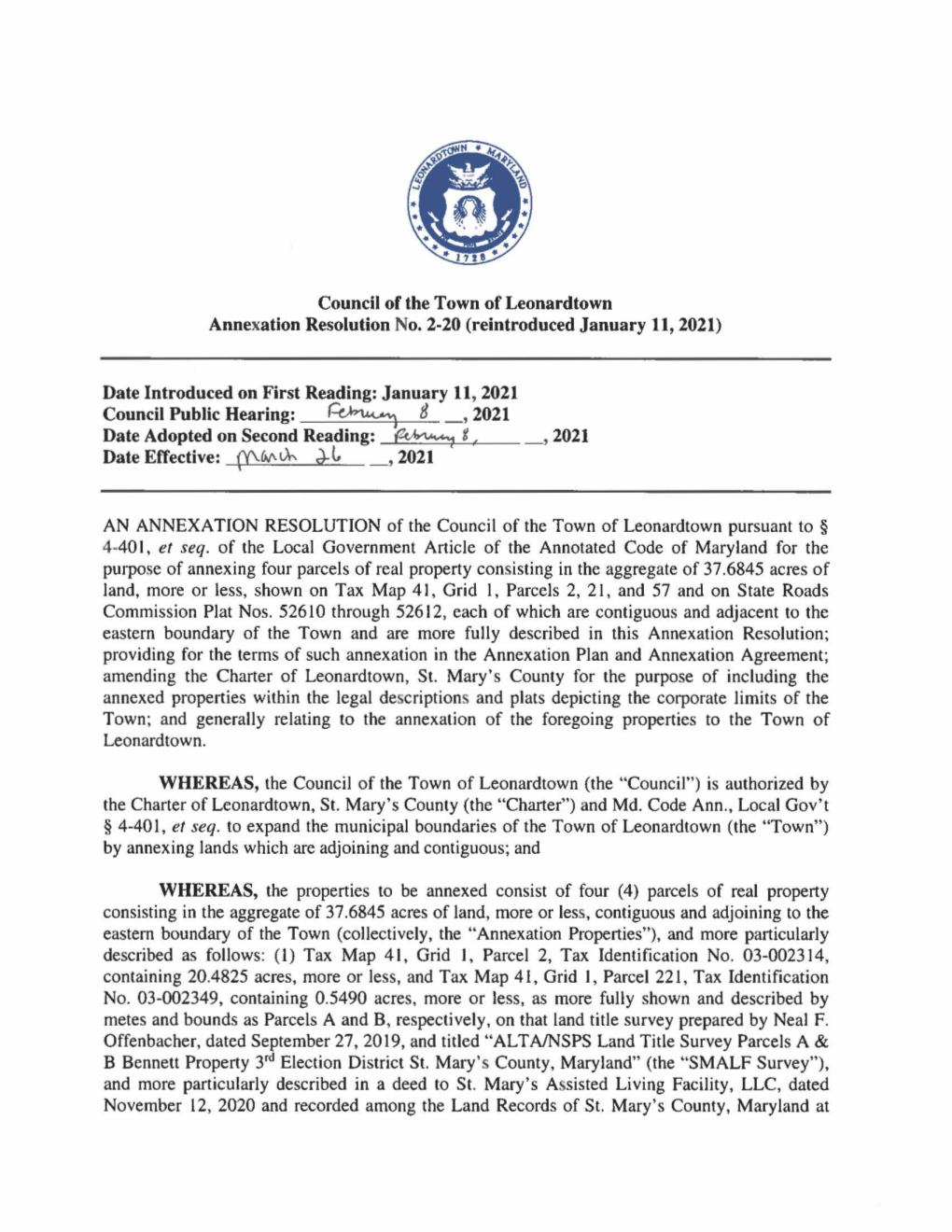 Council of the Town of Leonardtown Annexation Resolution No