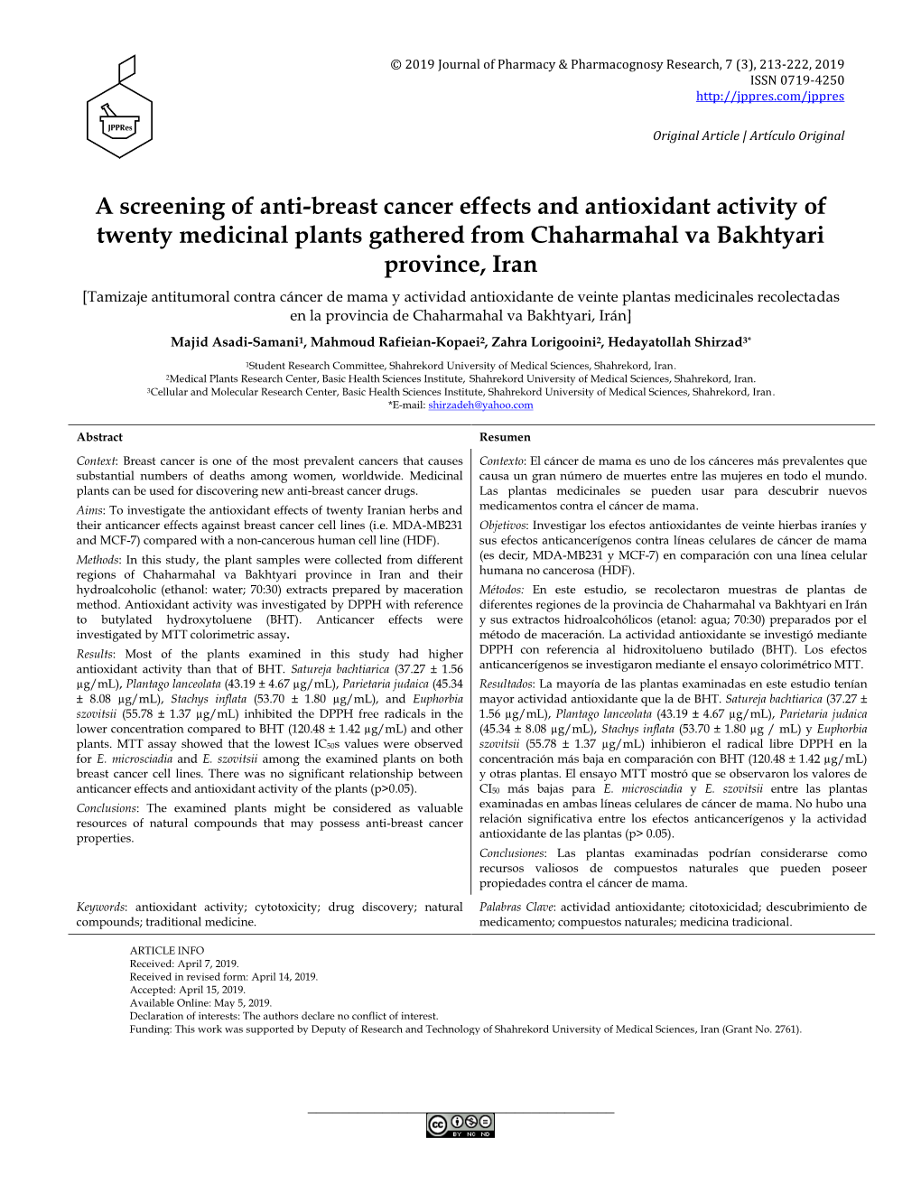 A Screening of Anti-Breast Cancer Effects and Antioxidant Activity of Twenty Medicinal Plants Gathered from Chaharmahal Va Bakht