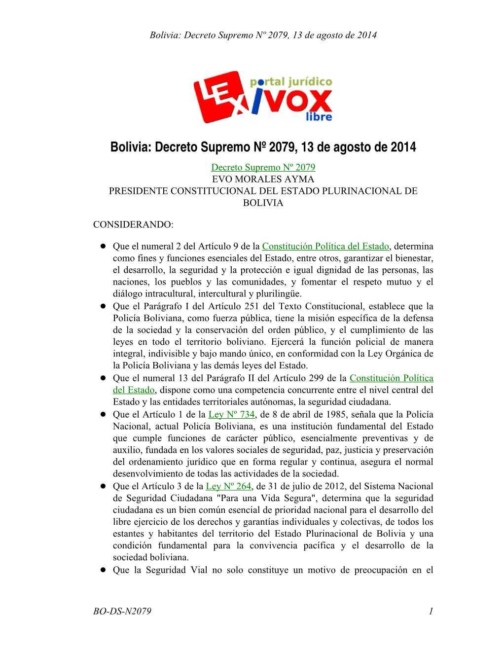 Bolivia: Decreto Supremo Nº 2079, 13 De Agosto De 2014