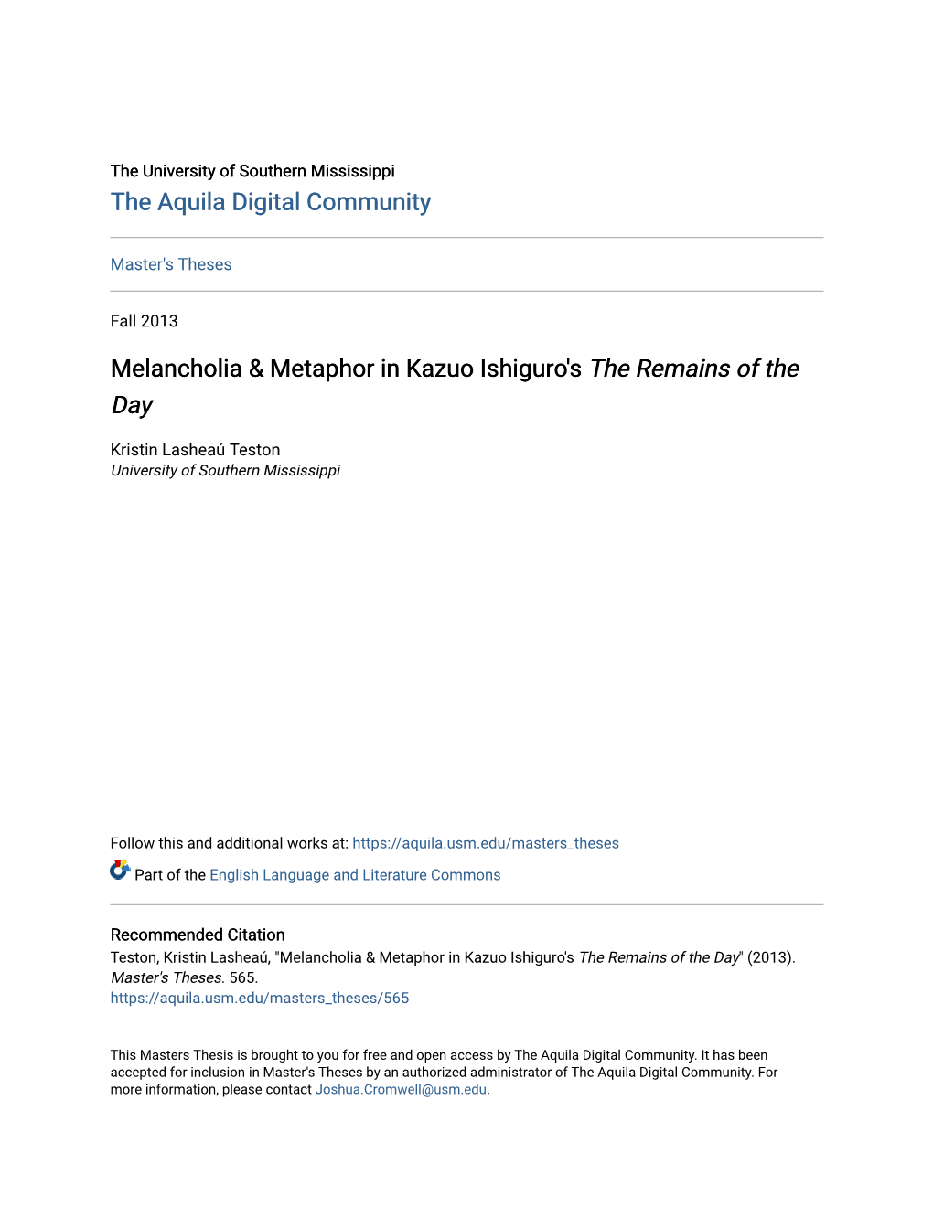 Melancholia & Metaphor in Kazuo Ishiguro's the Remains of The