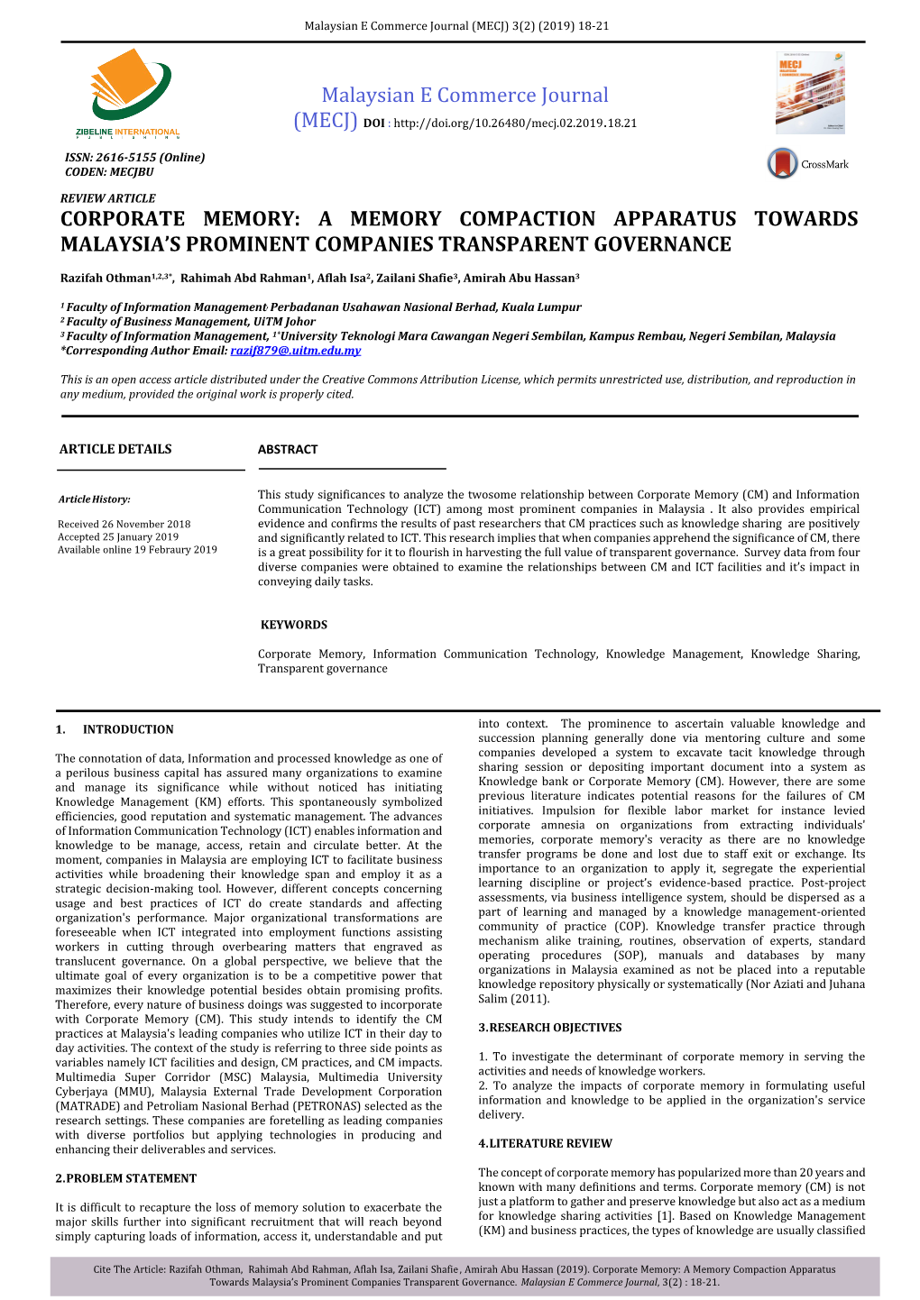 Corporate Memory: a Memory Compaction Apparatus Towards Malaysia’S Prominent Companies Transparent Governance