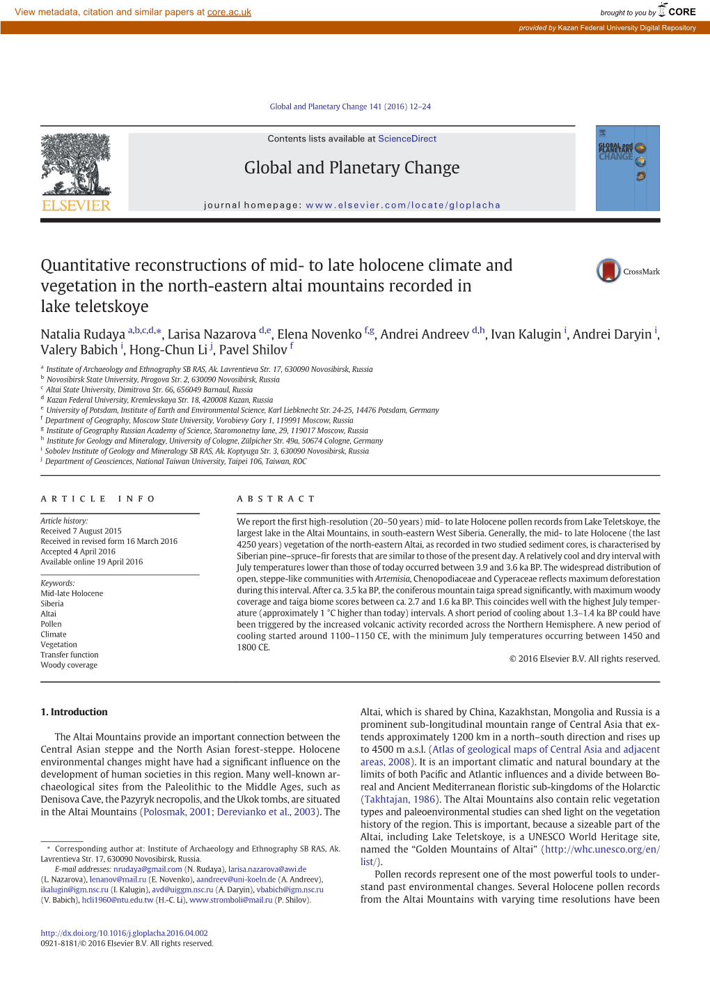 To Late Holocene Climate and Vegetation in the North-Eastern Altai Mountains Recorded in Lake Teletskoye