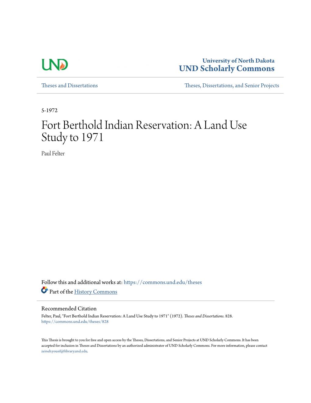 Fort Berthold Indian Reservation: a Land Use Study to 1971 Paul Felter