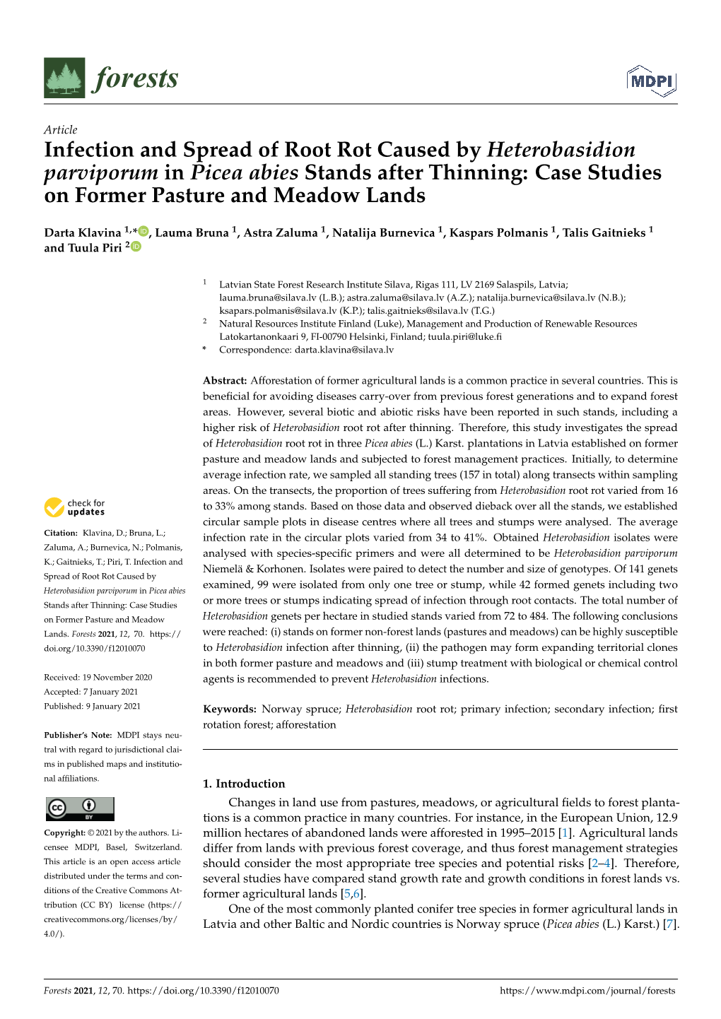 Infection and Spread of Root Rot Caused by Heterobasidion Parviporum in Picea Abies Stands After Thinning: Case Studies on Former Pasture and Meadow Lands