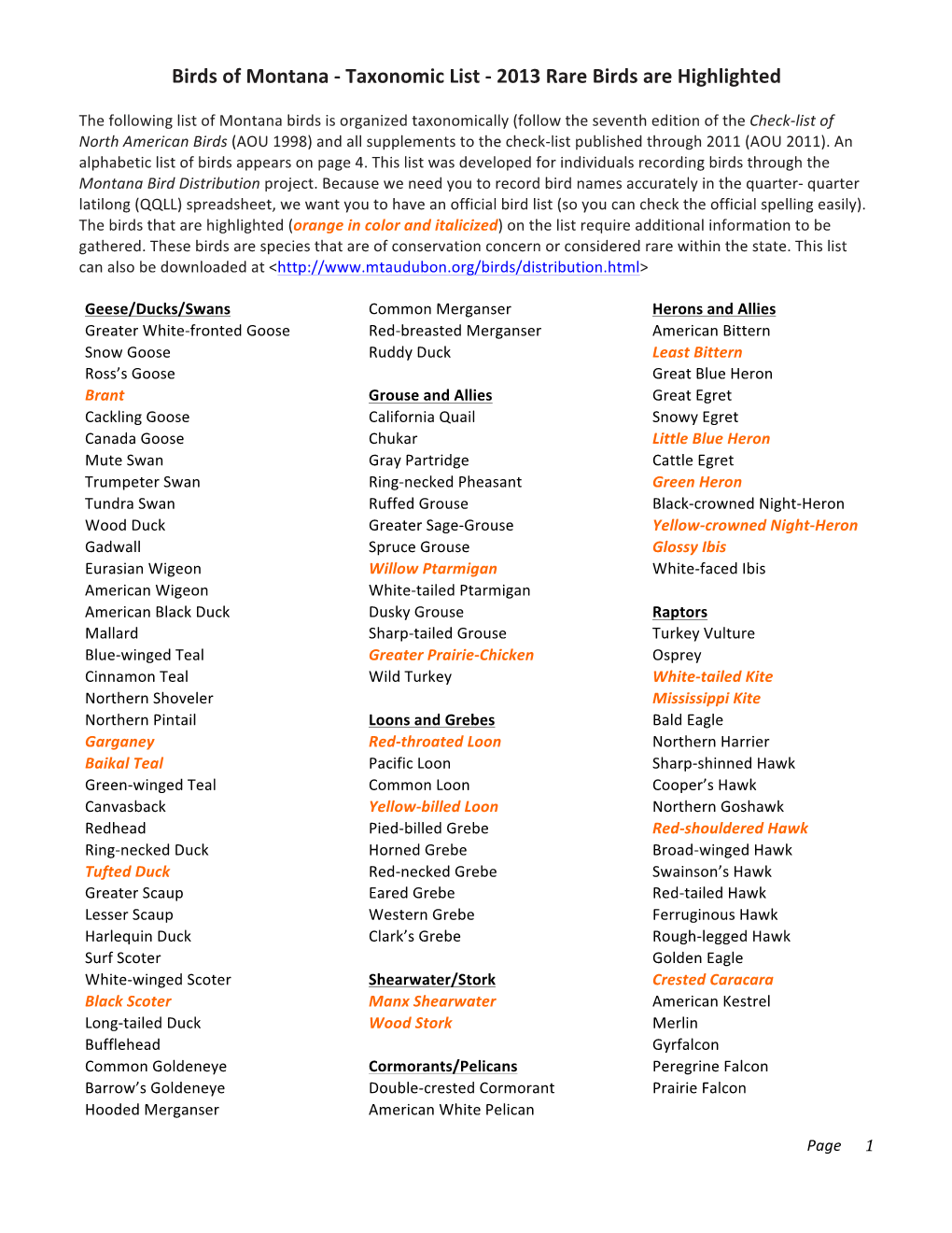 Birds of Montana - Taxonomic List - 2013 Rare Birds Are Highlighted