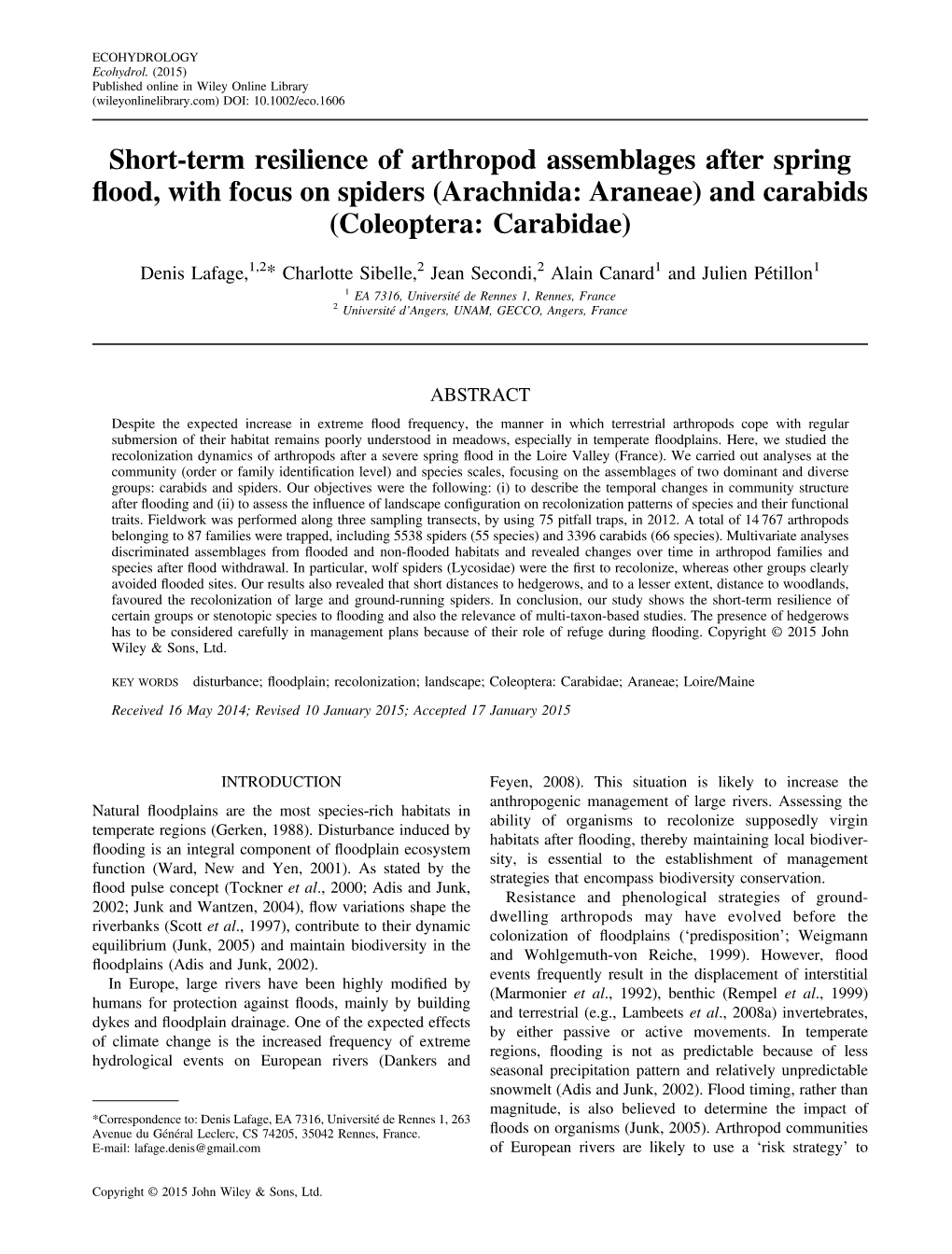 Short-Term Resilience of Arthropod Assemblages After Spring Flood, With