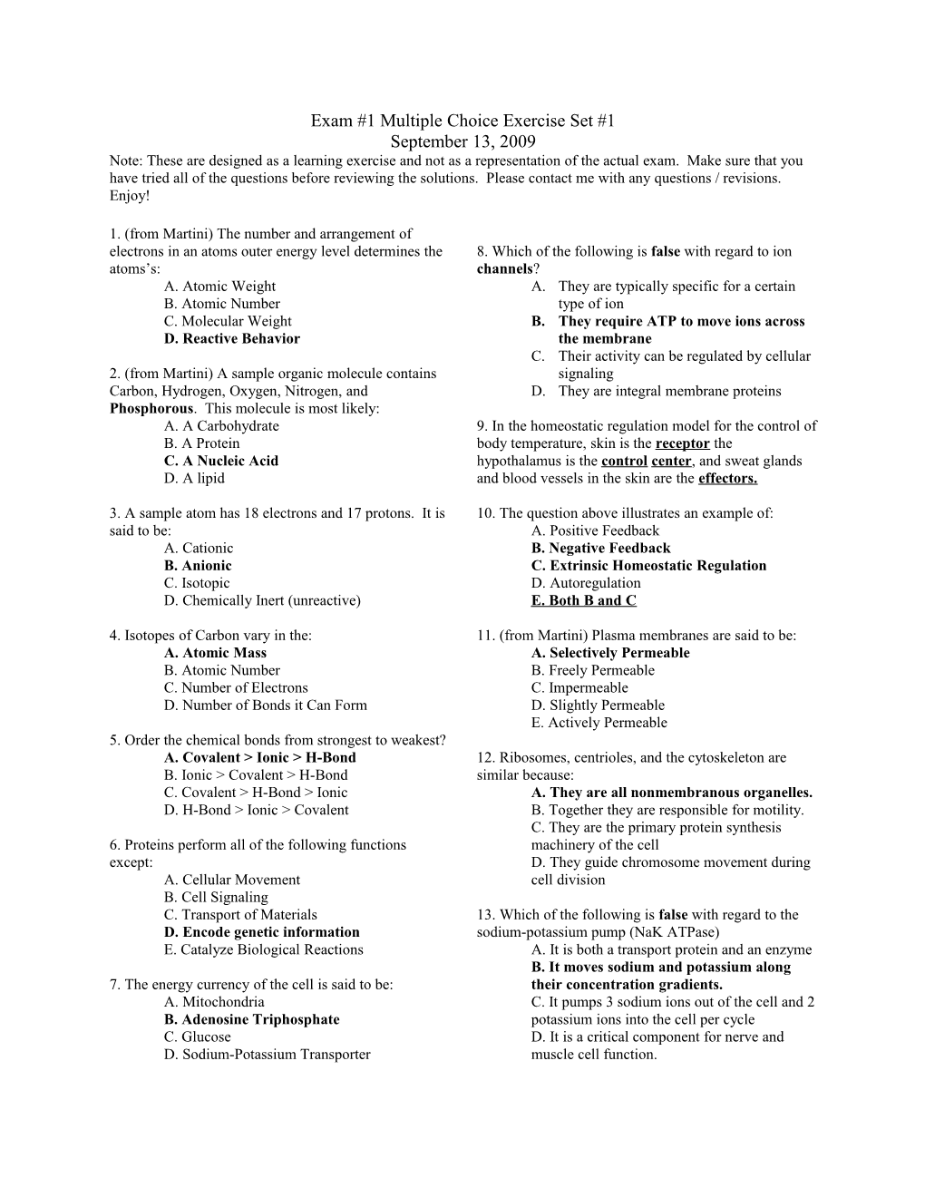 Exam #1 Multiple Choice Exercise Set #1