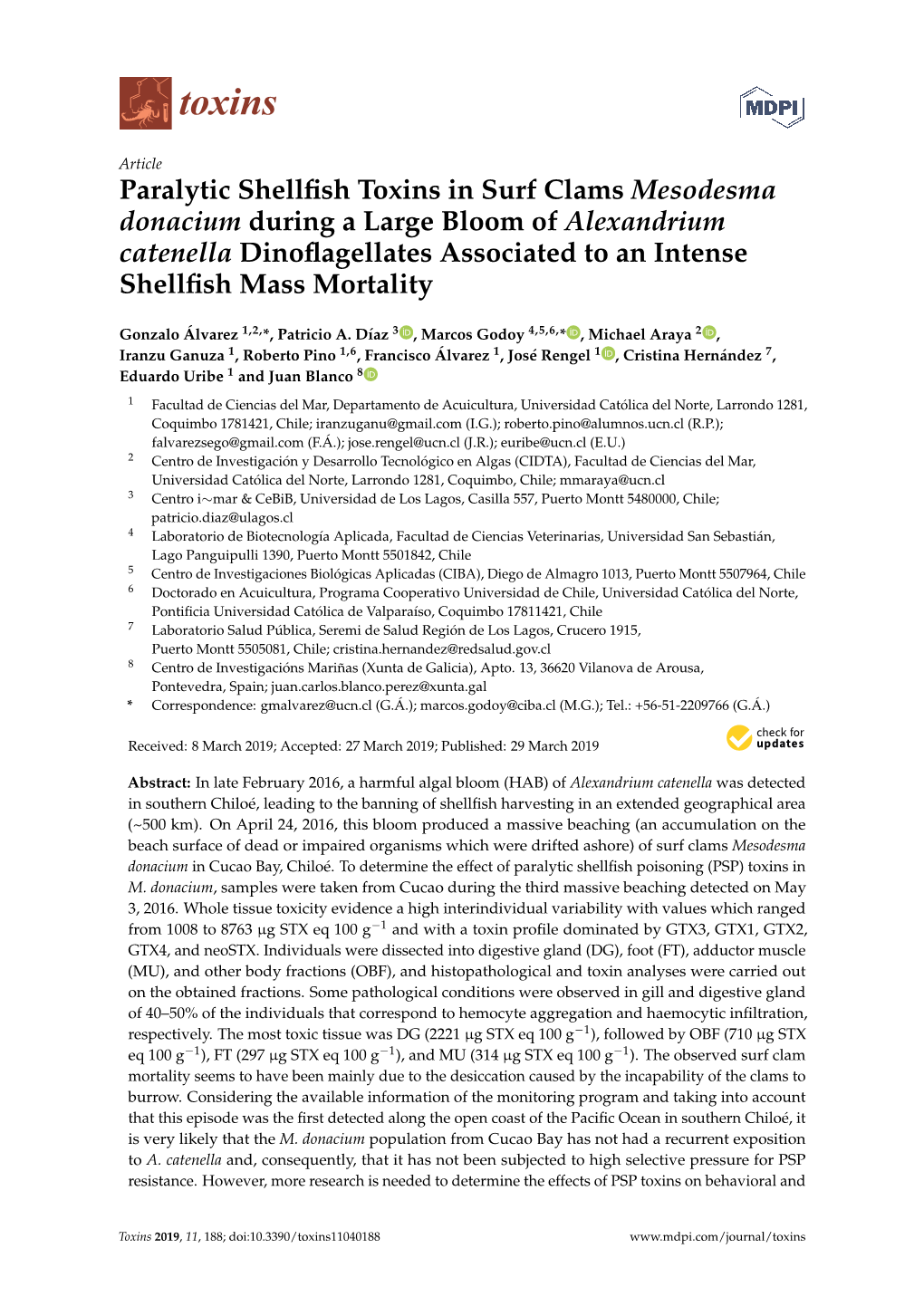 Paralytic Shellfish Toxins in Surf Clams Mesodesma Donacium