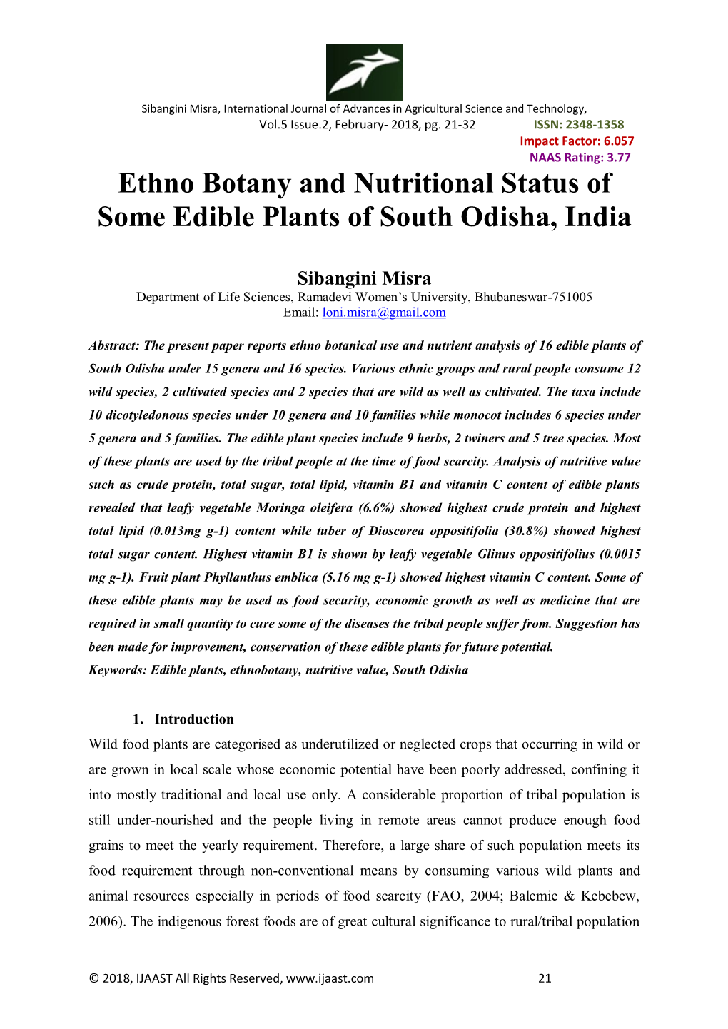 Ethno Botany and Nutritional Status of Some Edible Plants of South Odisha, India