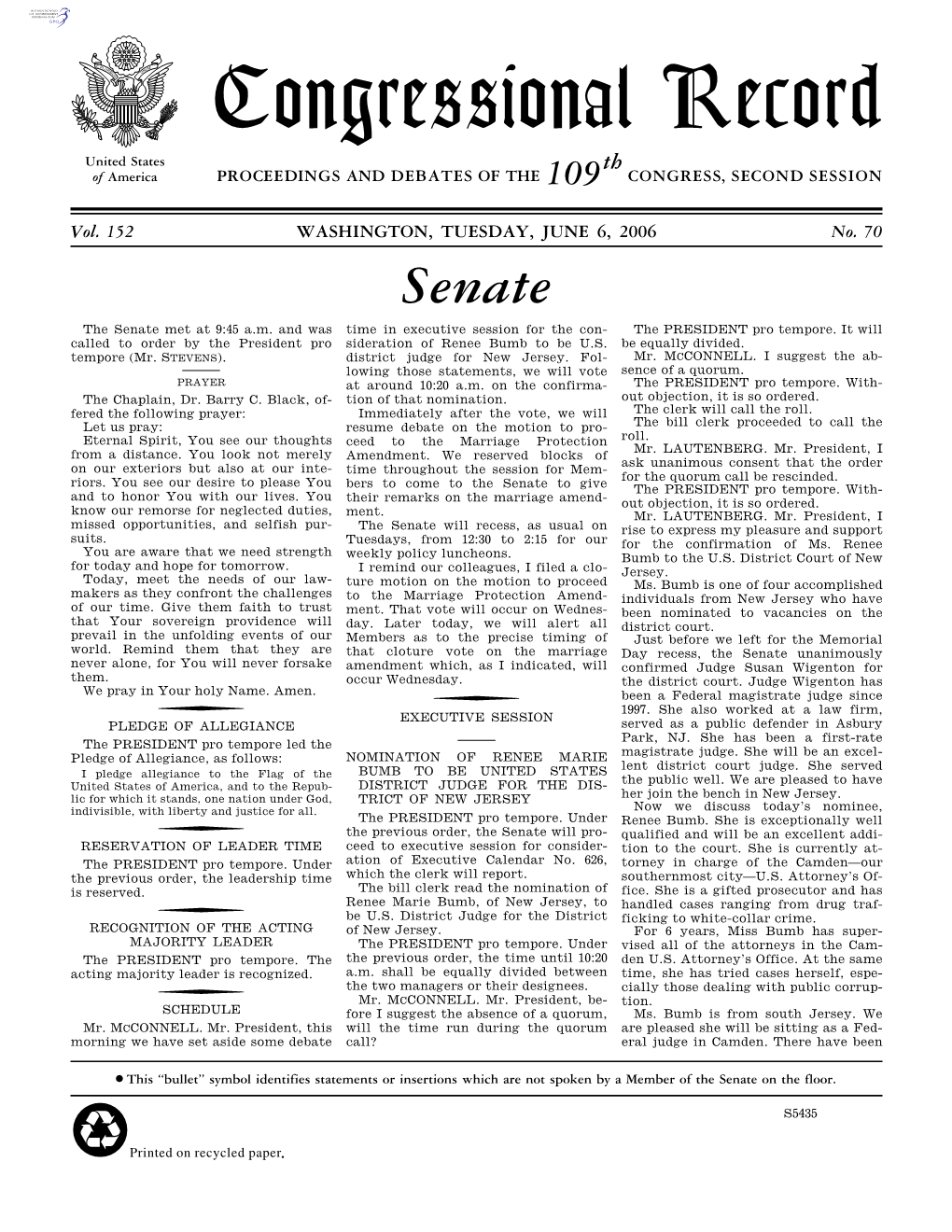 Congressional Record United States Th of America PROCEEDINGS and DEBATES of the 109 CONGRESS, SECOND SESSION