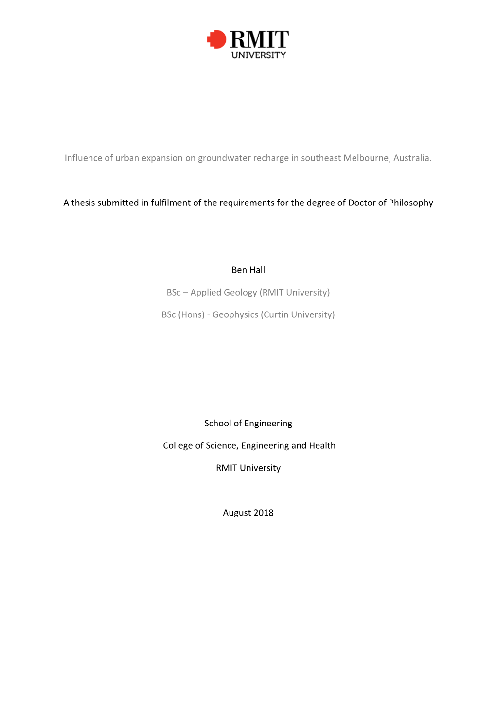 Influence of Urban Expansion on Groundwater Recharge in Southeast Melbourne, Australia