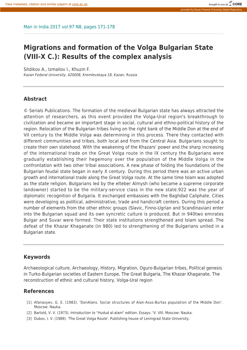 Migrations and Formation of the Volga Bulgarian State (VIII-X C.): Results of the Complex Analysis