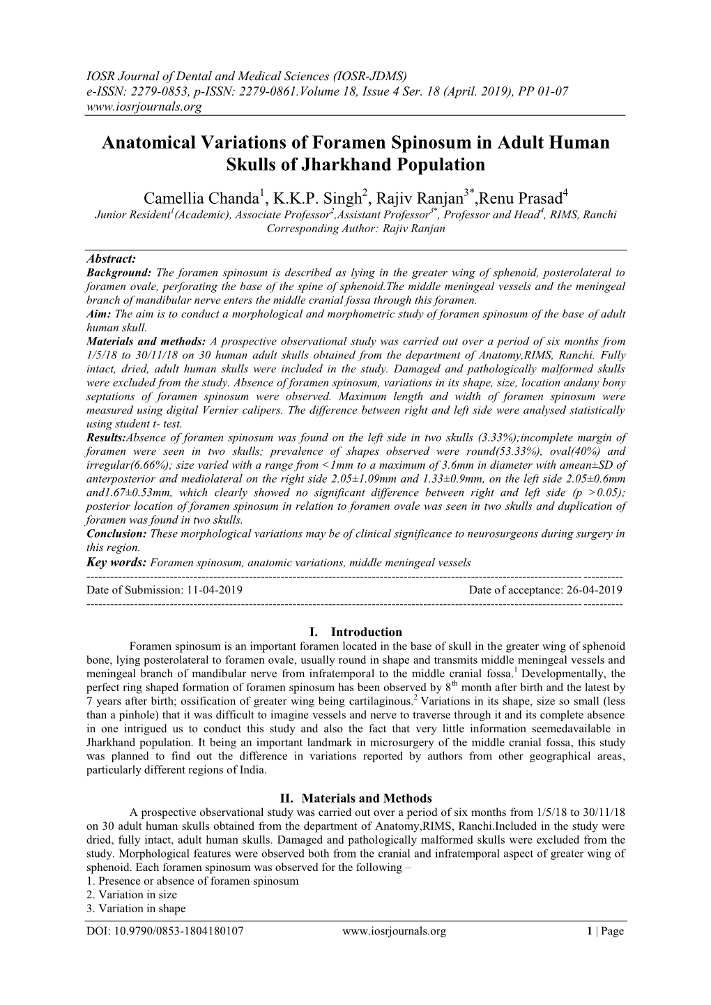 Anatomical Variations of Foramen Spinosum in Adult Human Skulls of Jharkhand Population