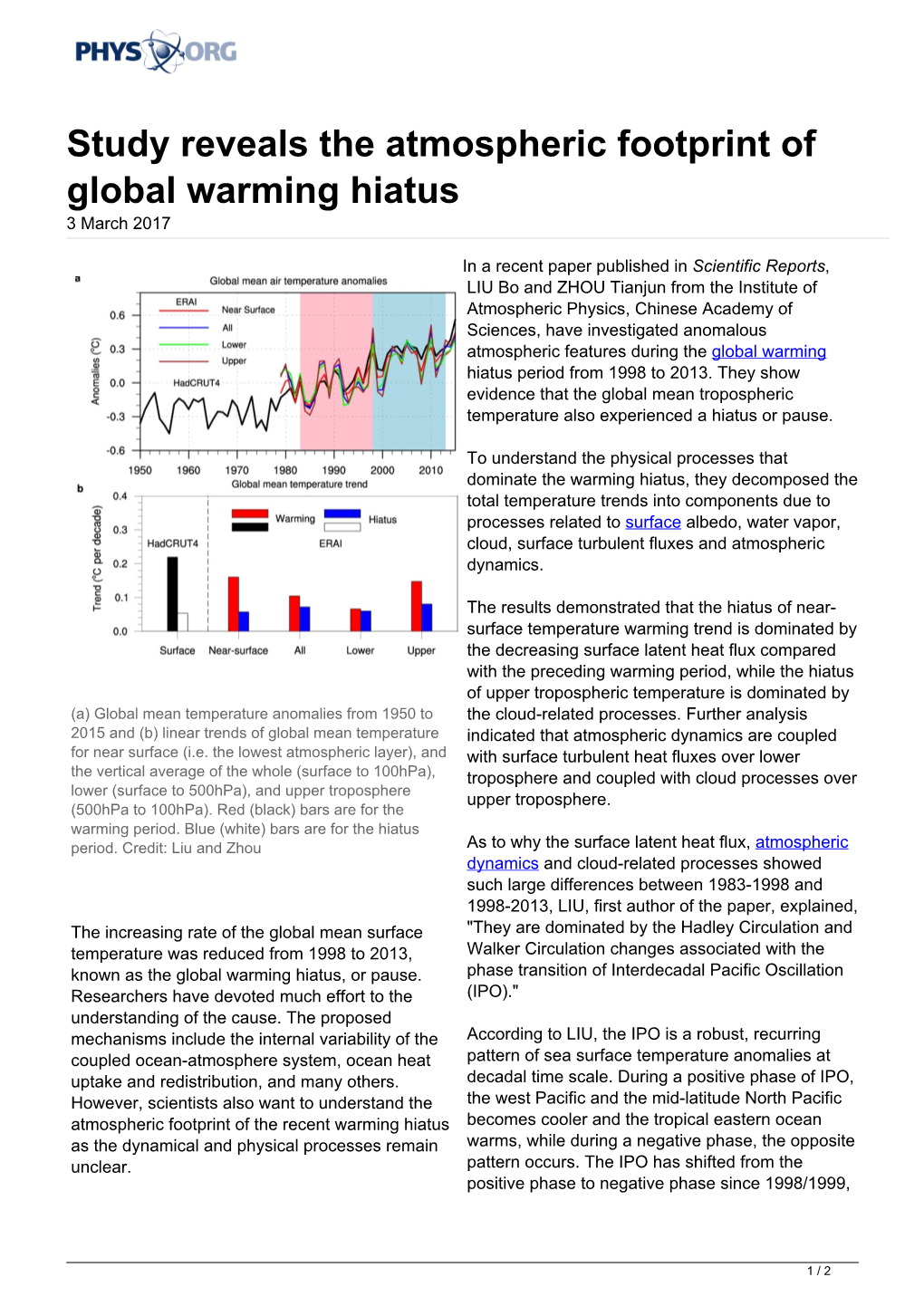 Study Reveals the Atmospheric Footprint of Global Warming Hiatus 3 March 2017