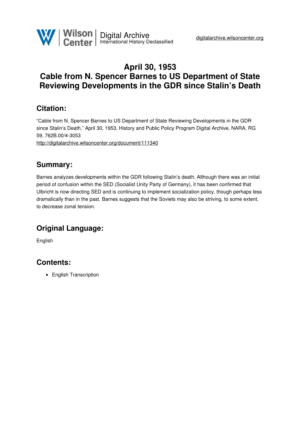 April 30, 1953 Cable from N. Spencer Barnes to US Department of State Reviewing Developments in the GDR Since Stalin’S Death