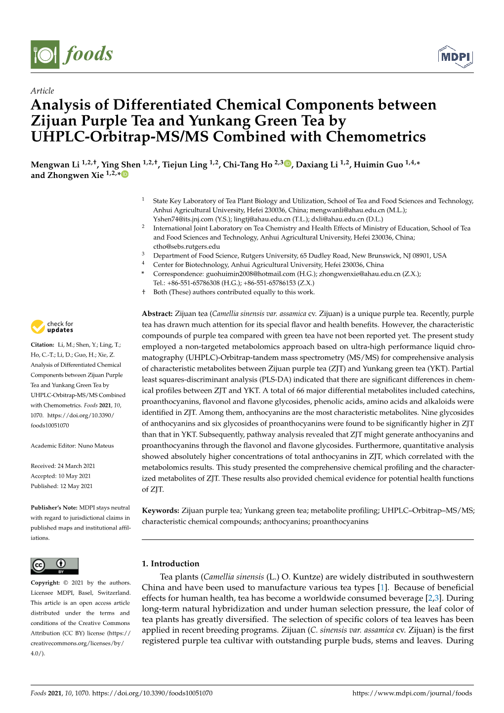 Analysis of Differentiated Chemical Components Between Zijuan Purple Tea and Yunkang Green Tea by UHPLC-Orbitrap-MS/MS Combined with Chemometrics