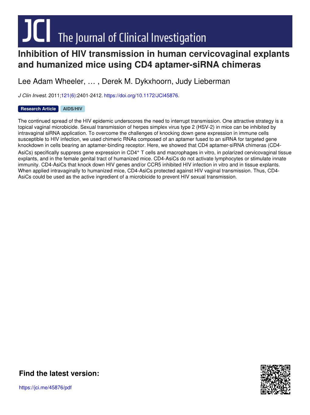 Inhibition of HIV Transmission in Human Cervicovaginal Explants and Humanized Mice Using CD4 Aptamer-Sirna Chimeras