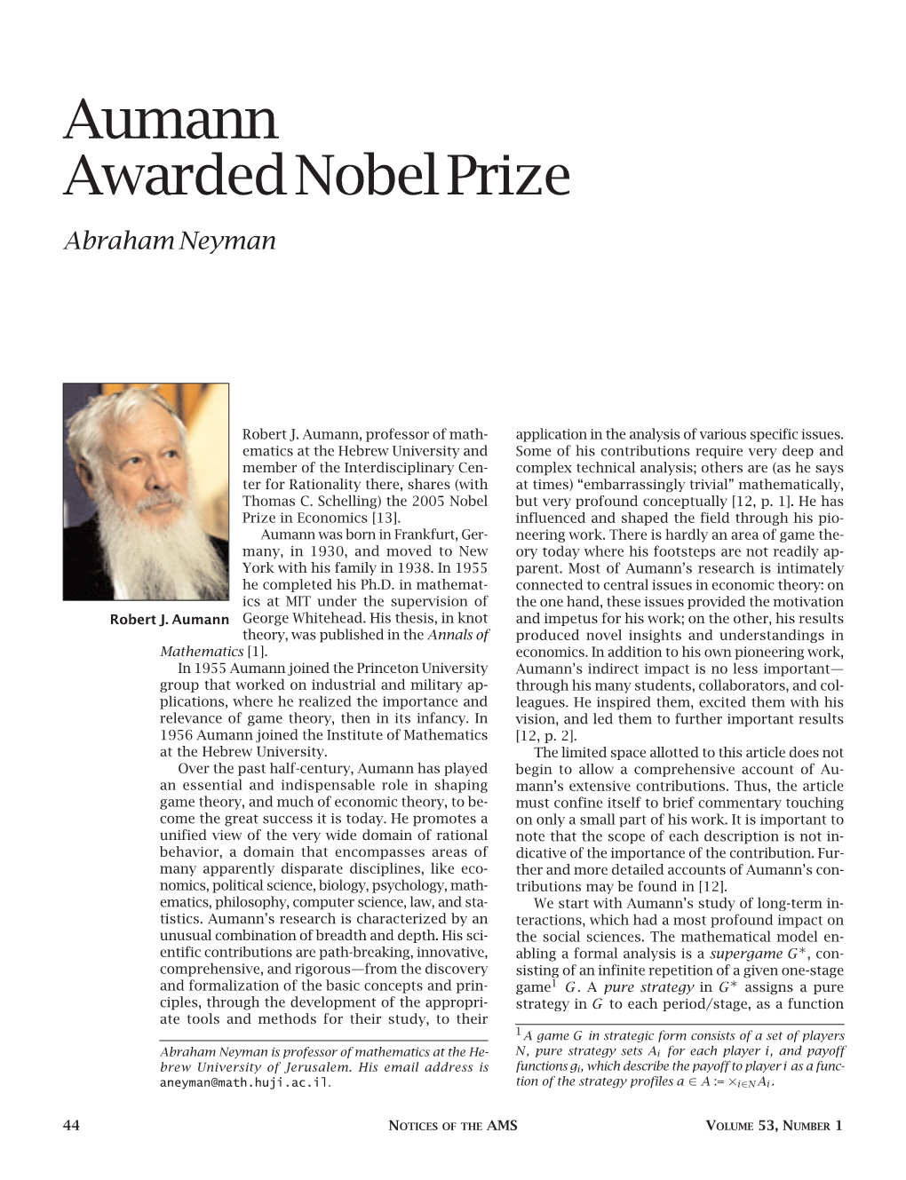 Aumann Awarded Nobel Prize