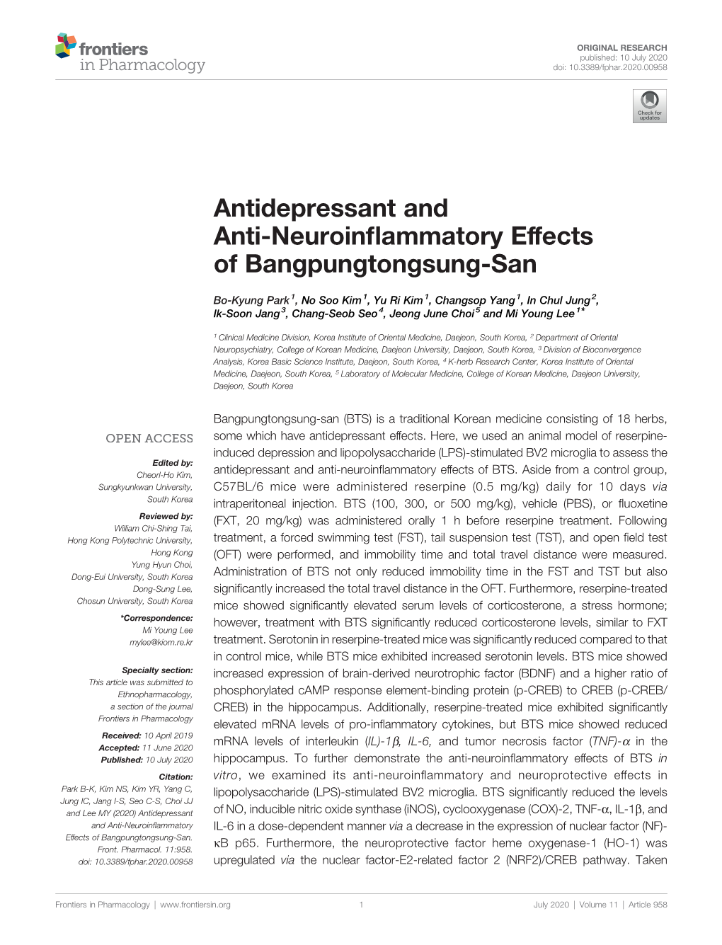 Antidepressant and Anti-Neuroinflammatory Effects of Bangpungtongsung-San