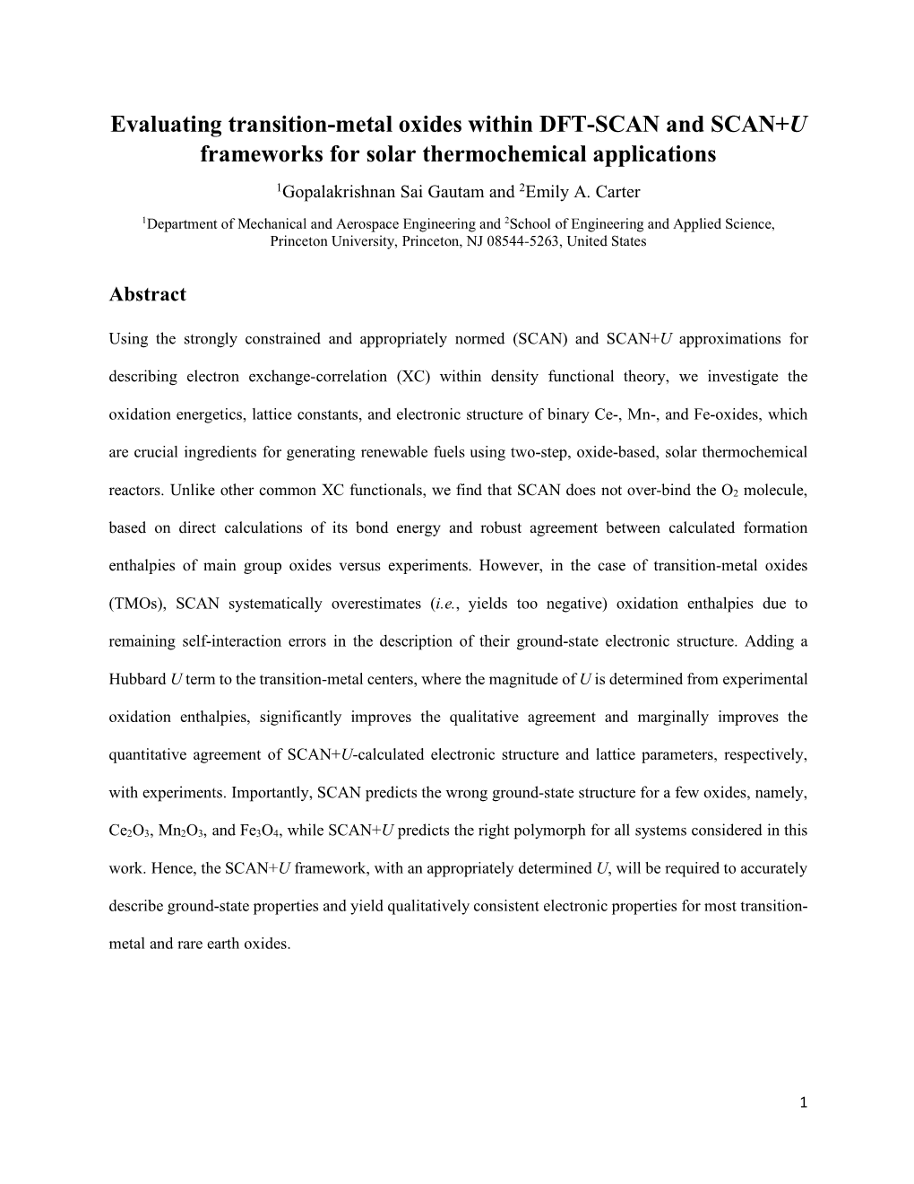 Evaluating Transition-Metal Oxides Within DFT-SCAN and SCAN+U Frameworks for Solar Thermochemical Applications 1Gopalakrishnan Sai Gautam and 2Emily A