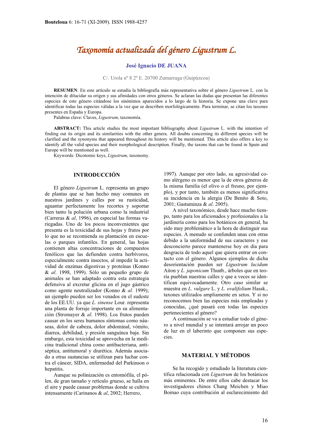 Taxonomía Actualizada Del Género Ligustrum L