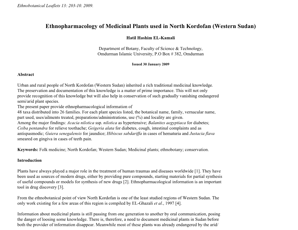 Ethnopharmacology of Medicinal Plants Used in North Kordofan (Western Sudan)