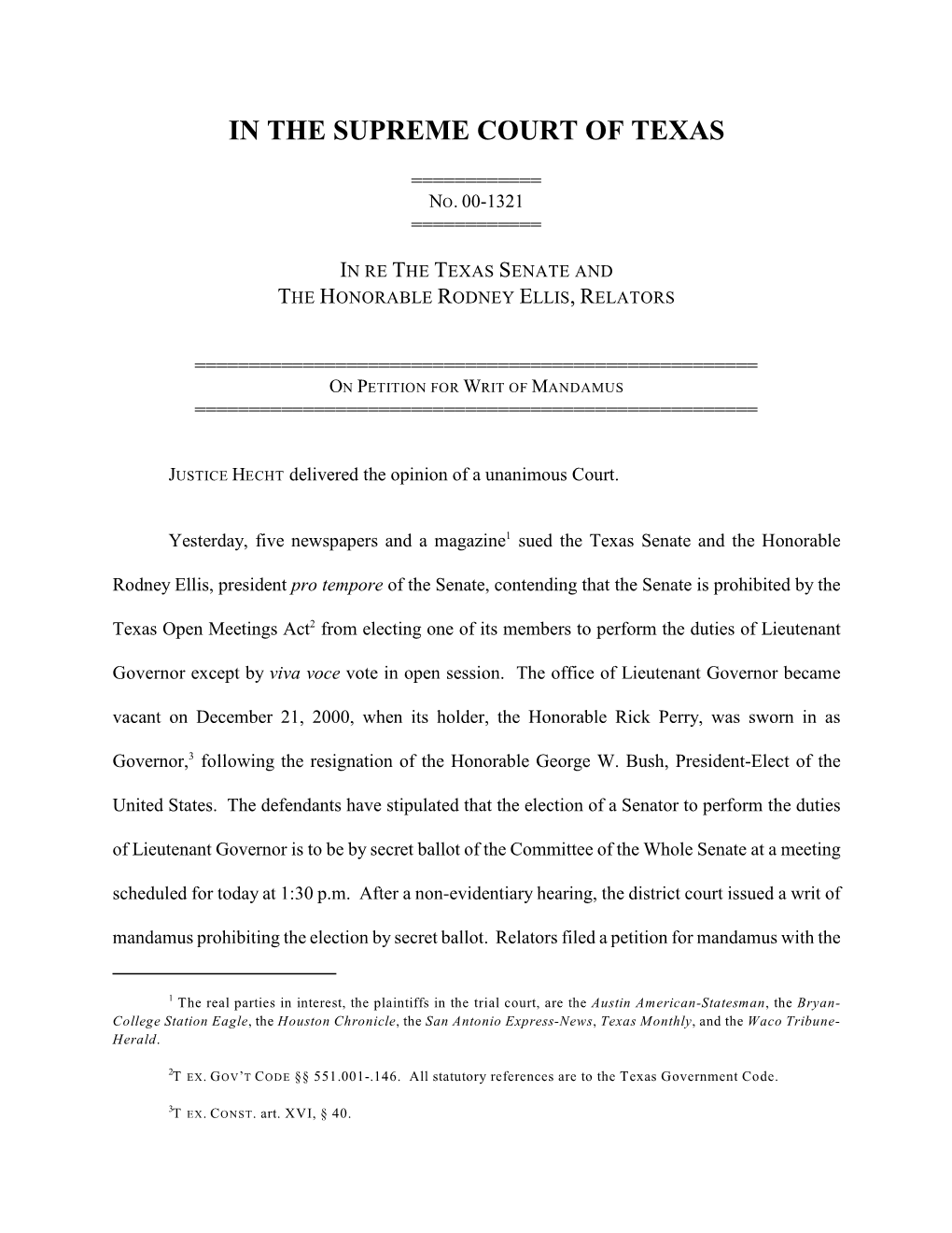 00-1321 in Re the Texas Senate and the Hon. Rodney Ellis