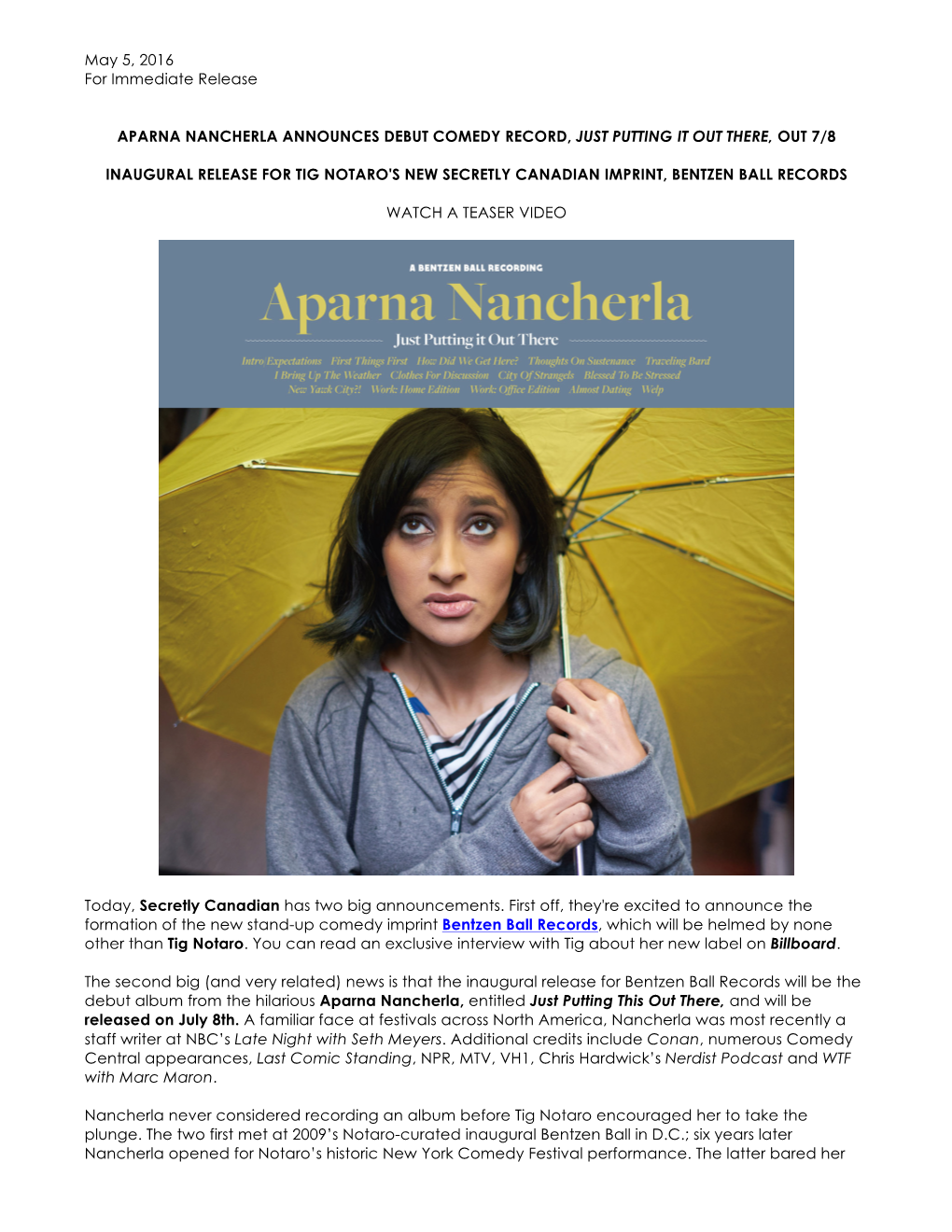 May 5, 2016 for Immediate Release APARNA NANCHERLA