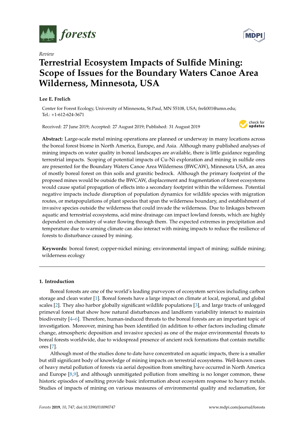 Terrestrial Ecosystem Impacts of Sulfide Mining: Scope of Issues For