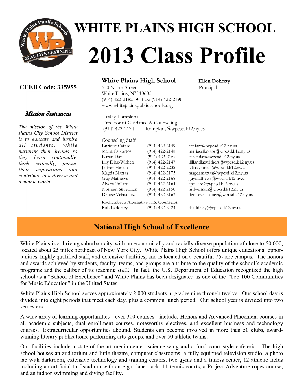 WHITE PLAINS HIGH SCHOOL 2013 Class Profile