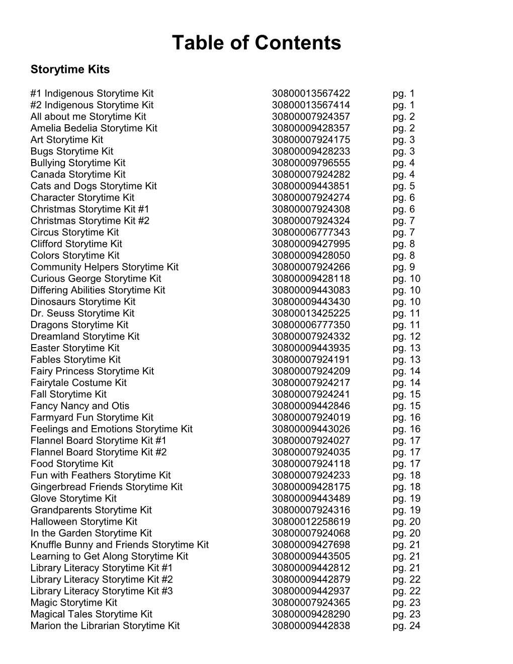 Table of Contents Storytime Kits