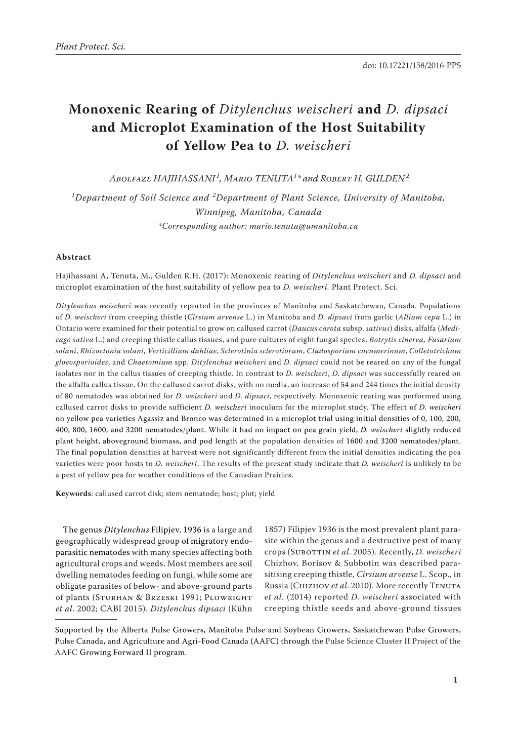 Monoxenic Rearing of Ditylenchus Weischeri and D. Dipsaci and Microplot Examination of the Host Suitability of Yellow Pea to D. Weischeri