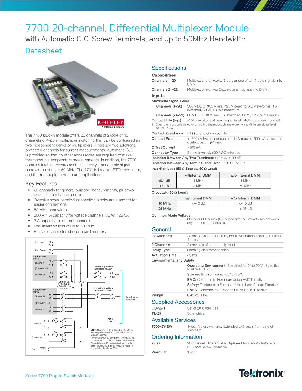 7700 20-Channel, Differential Multiplexer Module with Automatic CJC, Screw Terminals, and up to 50Mhz Bandwidth Datasheet