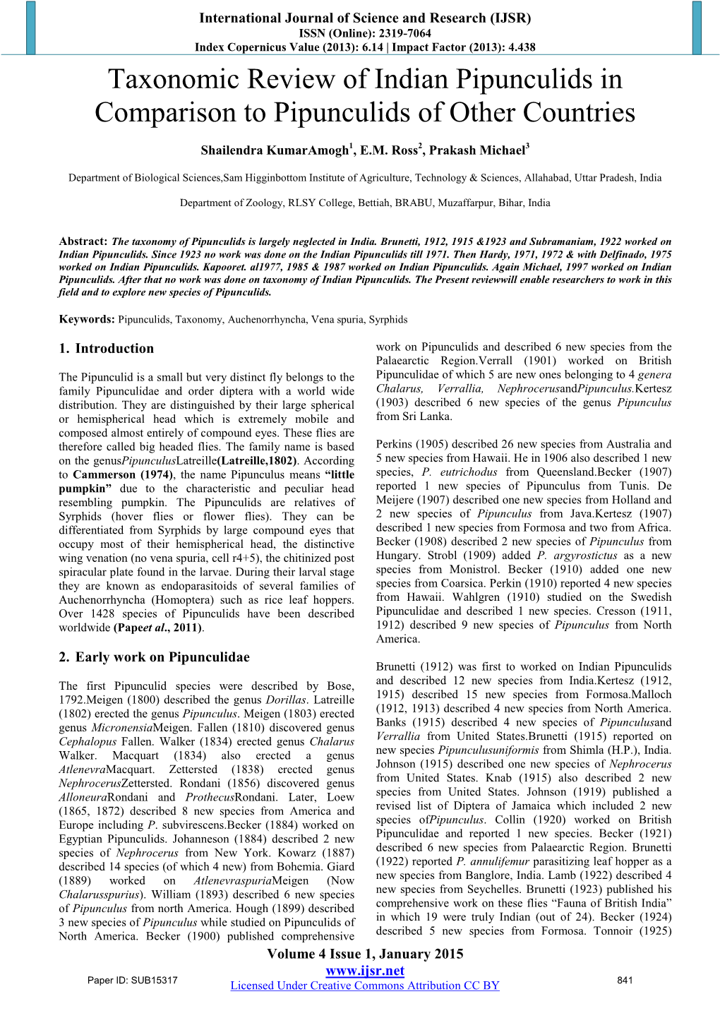 Taxonomic Review of Indian Pipunculids in Comparison to Pipunculids of Other Countries