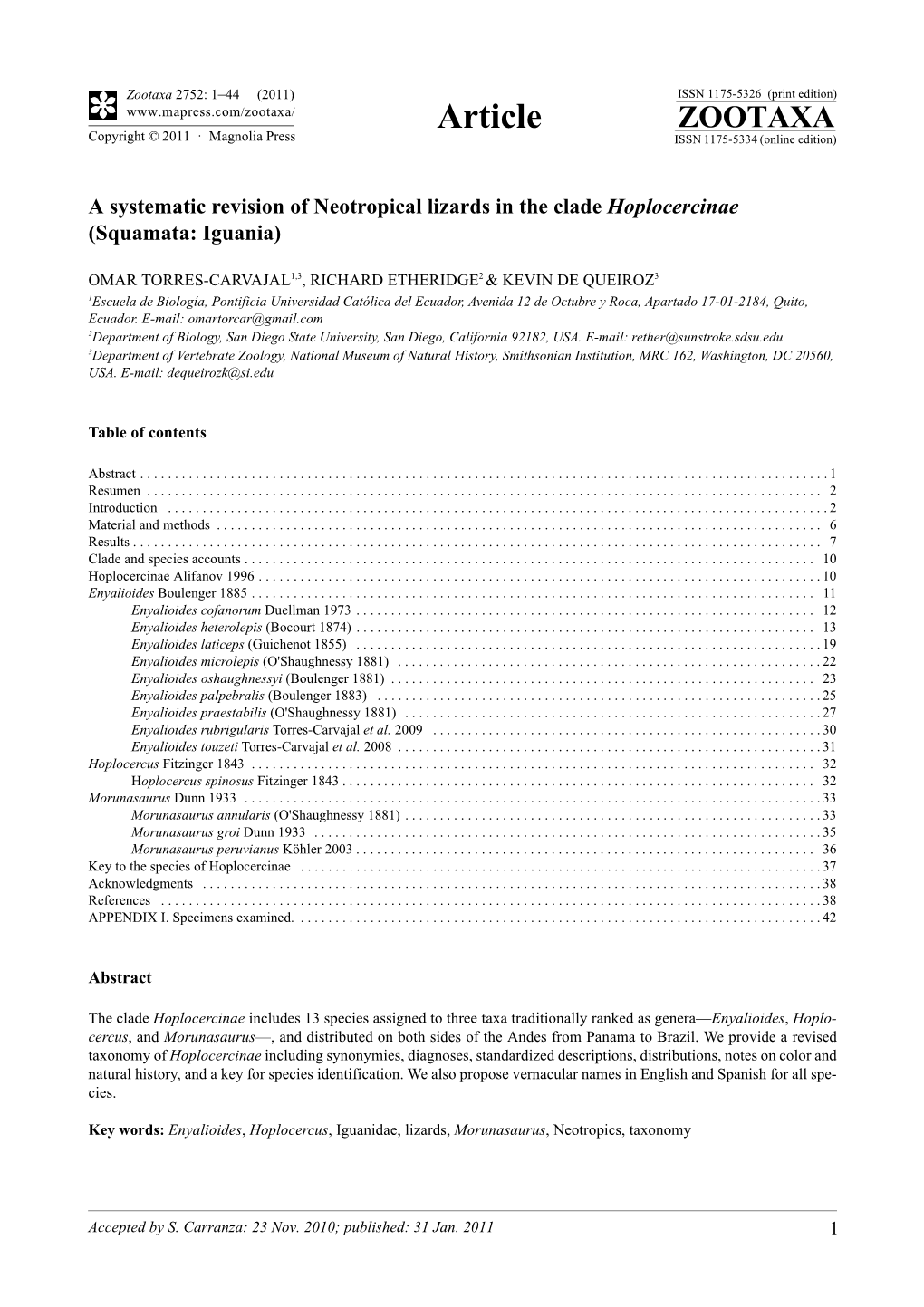 A Systematic Revision of Neotropical Lizards in the Clade Hoplocercinae (Squamata: Iguania)