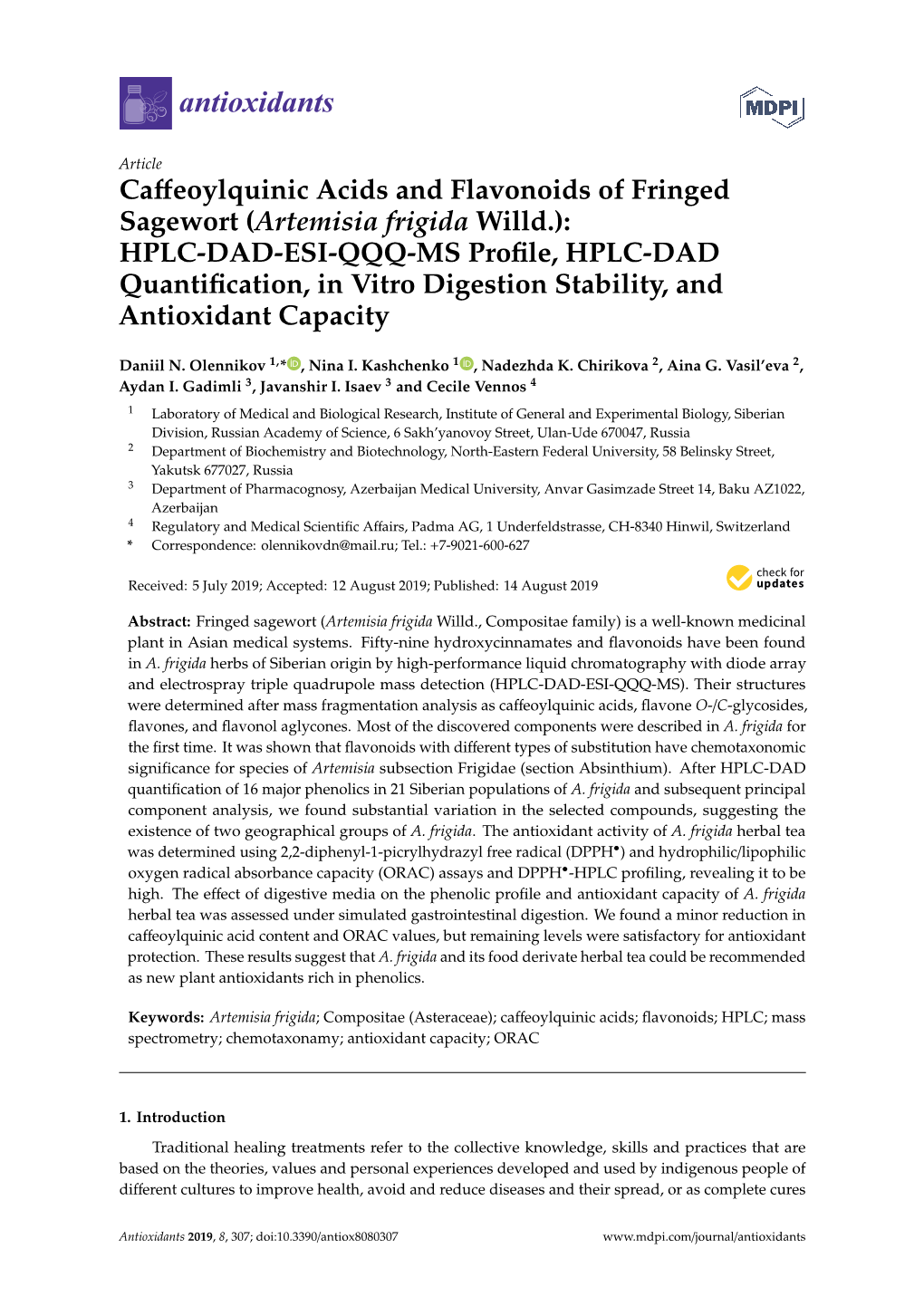 Caffeoylquinic Acids and Flavonoids of Fringed Sagewort (Artemisia