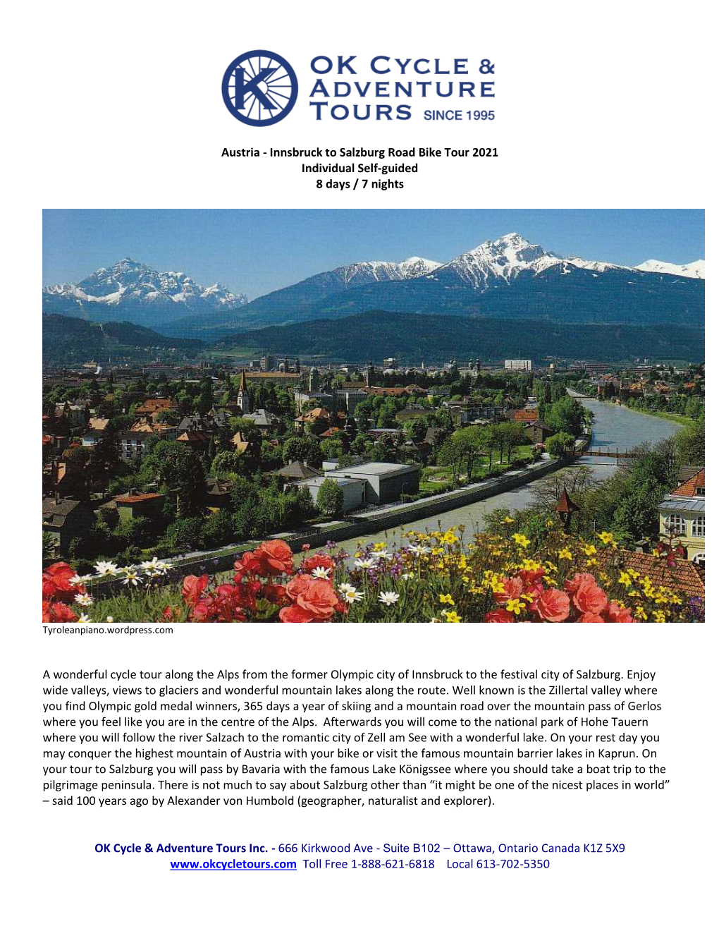 Austria - Innsbruck to Salzburg Road Bike Tour 2021 Individual Self-Guided 8 Days / 7 Nights