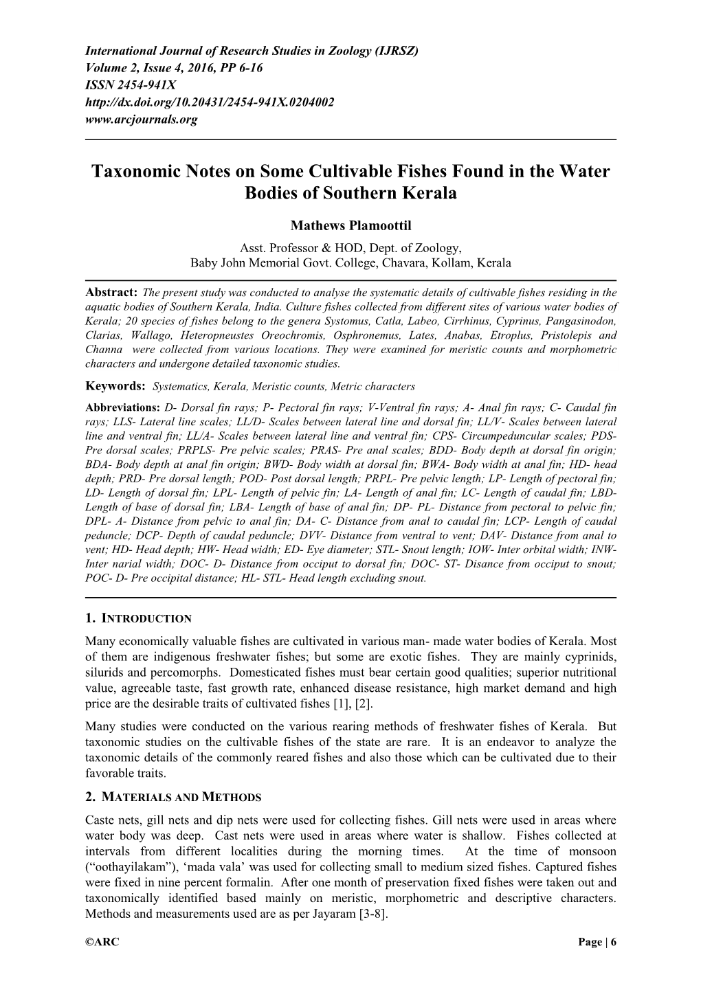 Taxonomic Notes on Some Cultivable Fishes Found in the Water Bodies of Southern Kerala