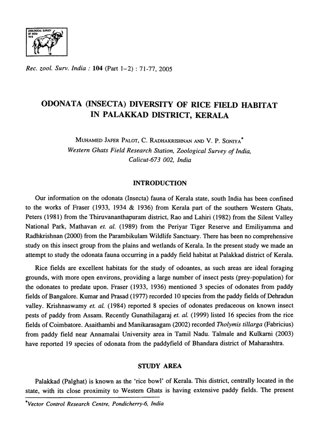 Odonata (Insecta) Diversity of Rice Field Habitat in Palakkad District, Kerala