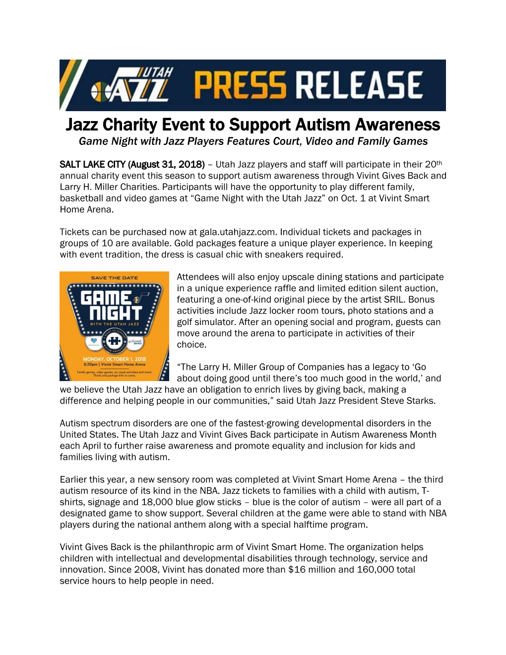 Jazz Charity Event to Support Autism Awareness Game Night with Jazz Players Features Court, Video and Family Games