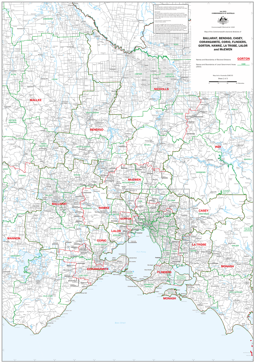 Map of Federal Electoral Divisions of Ballarat, Bendigo, Casey