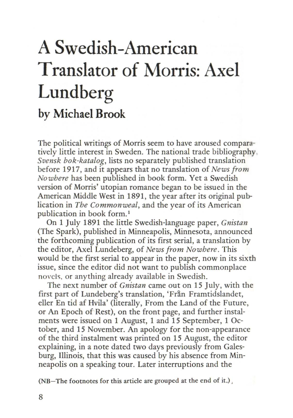 A Swedish-American Translator of Morris: Axel Lundberg by Michael Brook