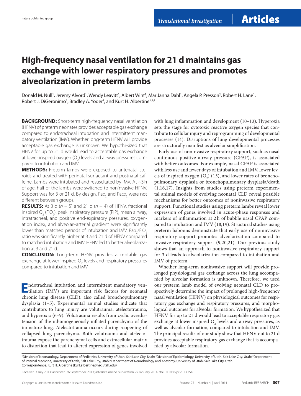 High-Frequency Nasal Ventilation for 21 D Maintains Gas Exchange with Lower Respiratory Pressures and Promotes Alveolarization in Preterm Lambs