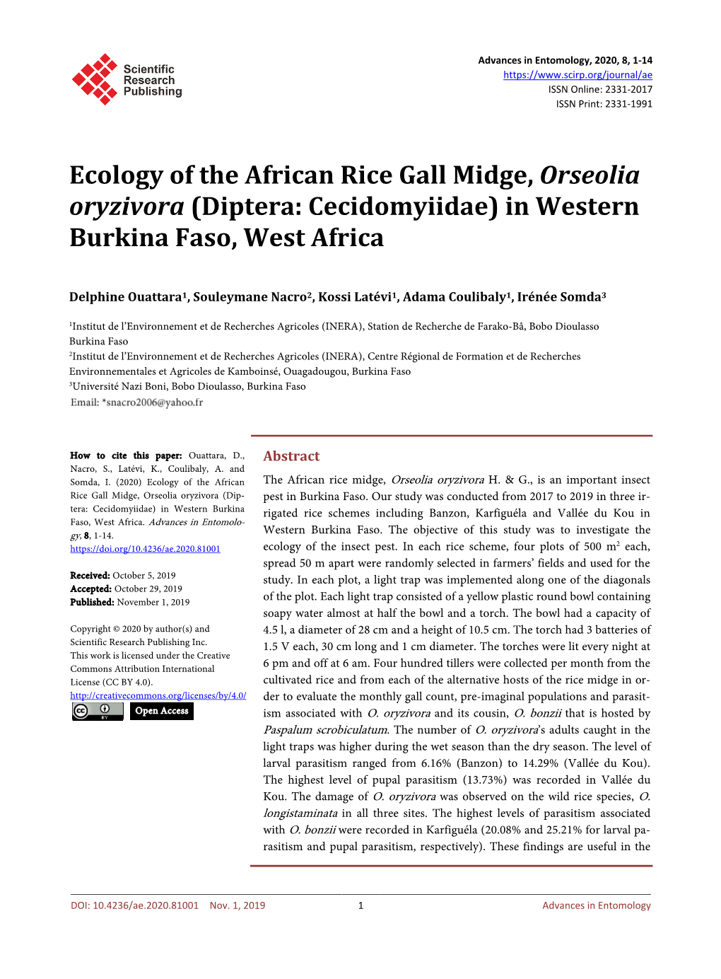 Ecology of the African Rice Gall Midge, Orseolia Oryzivora (Diptera: Cecidomyiidae) in Western Burkina Faso, West Africa