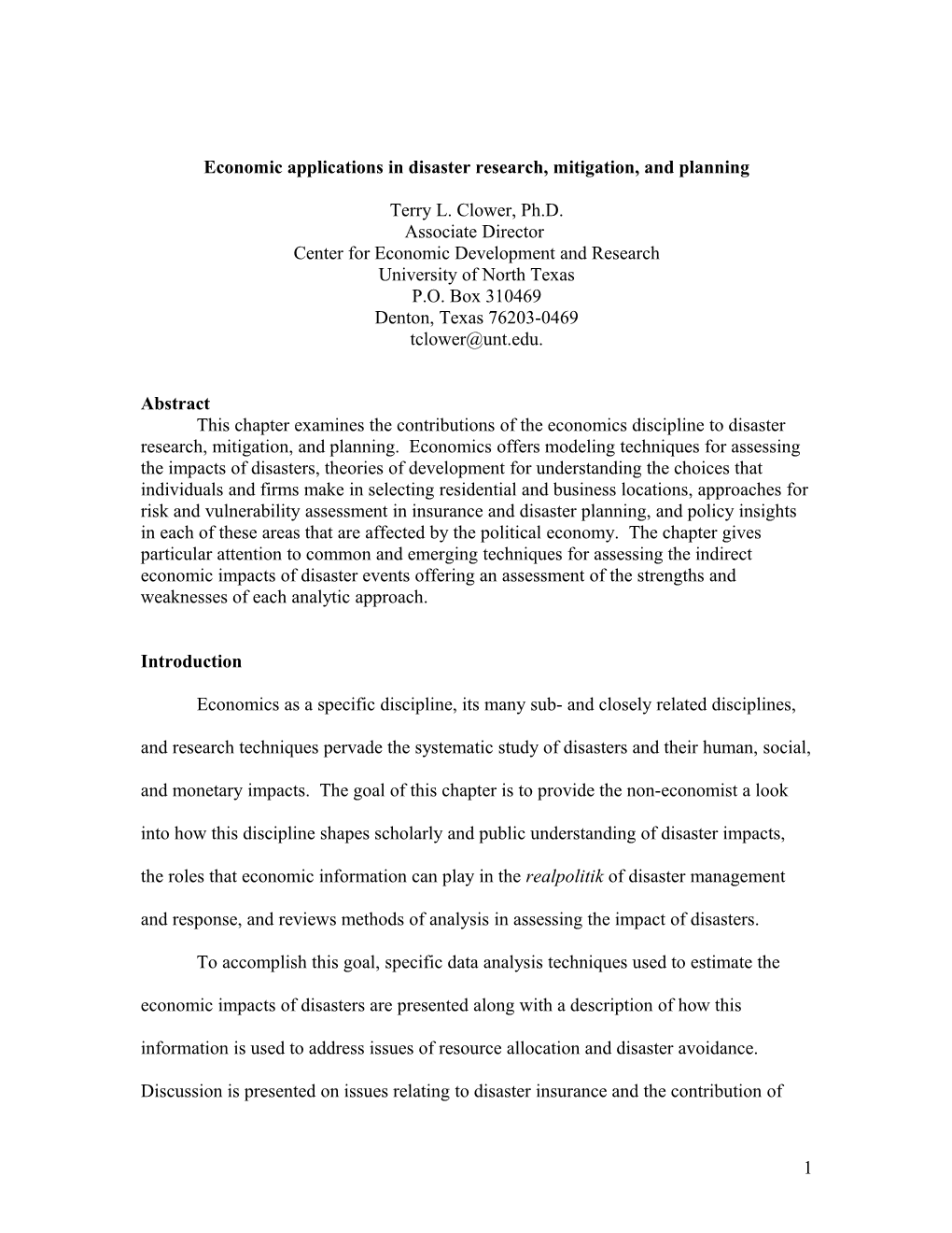 Economic Applications in Disaster Research