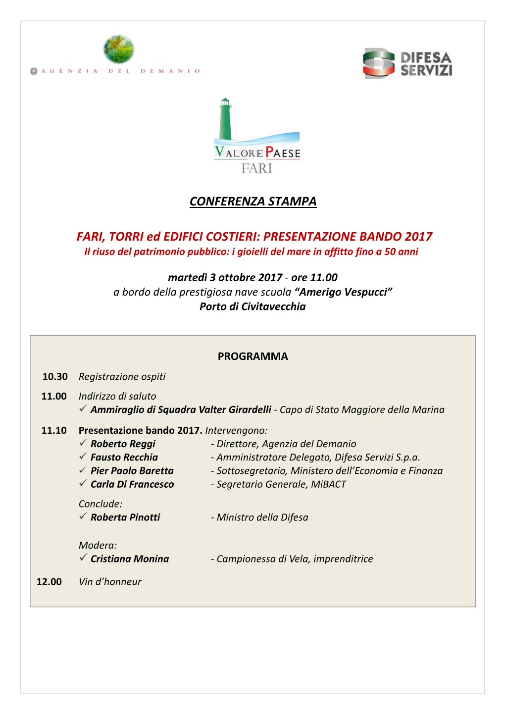 CONFERENZA STAMPA FARI, TORRI Ed EDIFICI COSTIERI