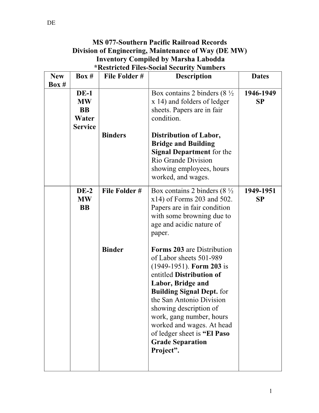 MS 077-Southern Pacific Railroad Records Division of Engineering, Maintenance of Way (DE MW) Inventory Compiled by Marsha Labodd