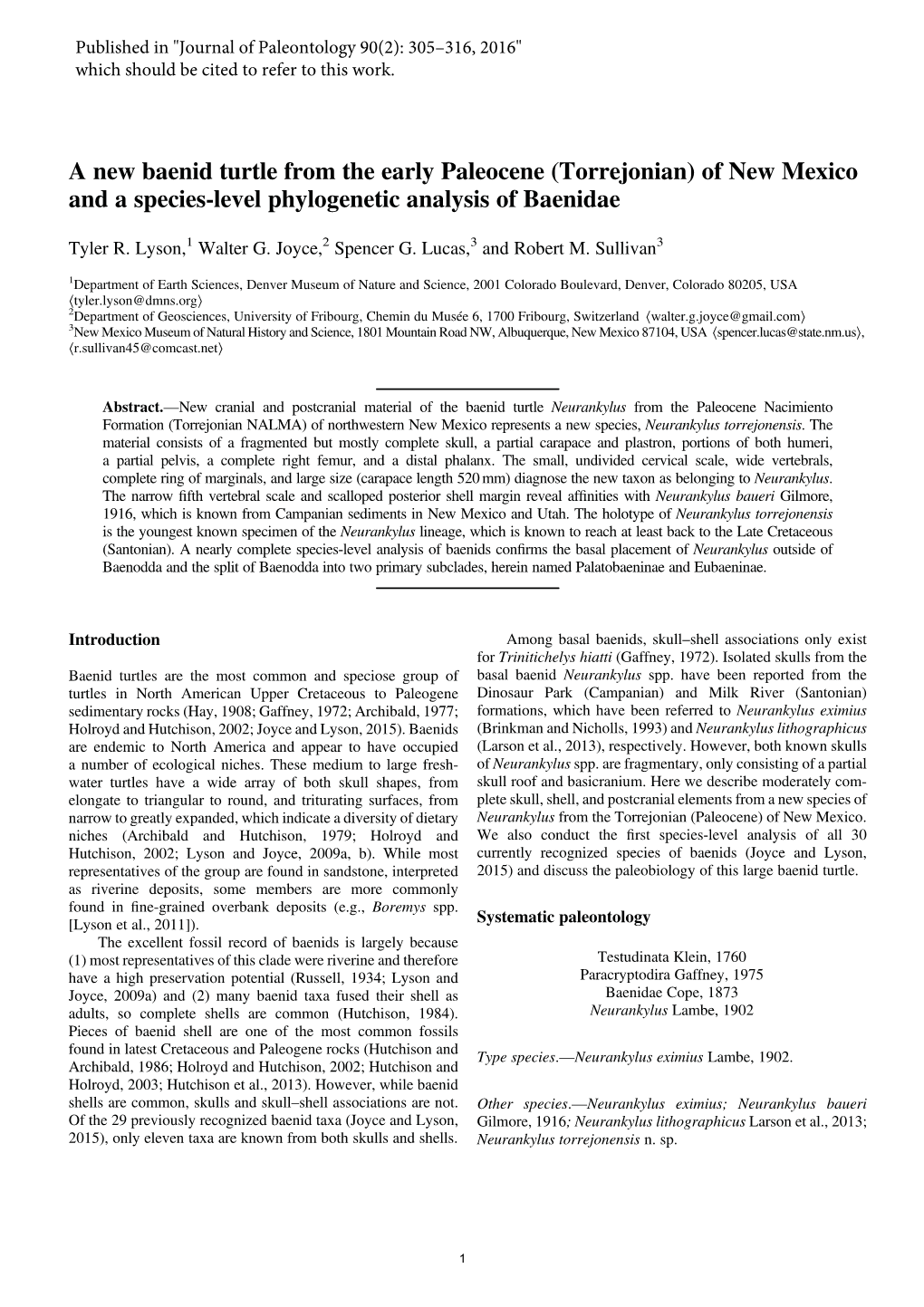 A New Baenid Turtle from the Early Paleocene (Torrejonian) of New Mexico and a Species-Level Phylogenetic Analysis of Baenidae