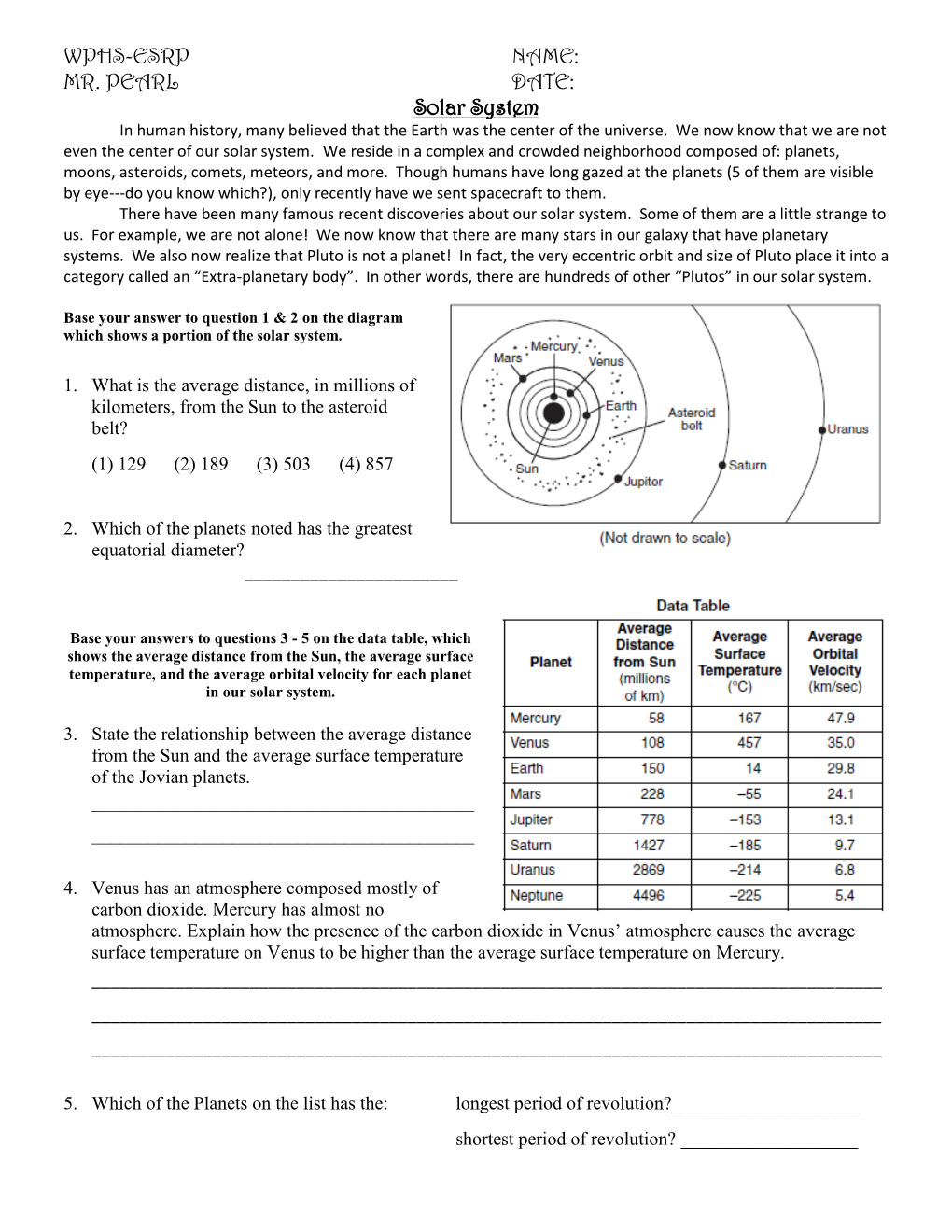 WPHS-ESRP NAME: MR. PEARL DATE: Solar System in Human History, Many Believed That the Earth Was the Center of the Universe