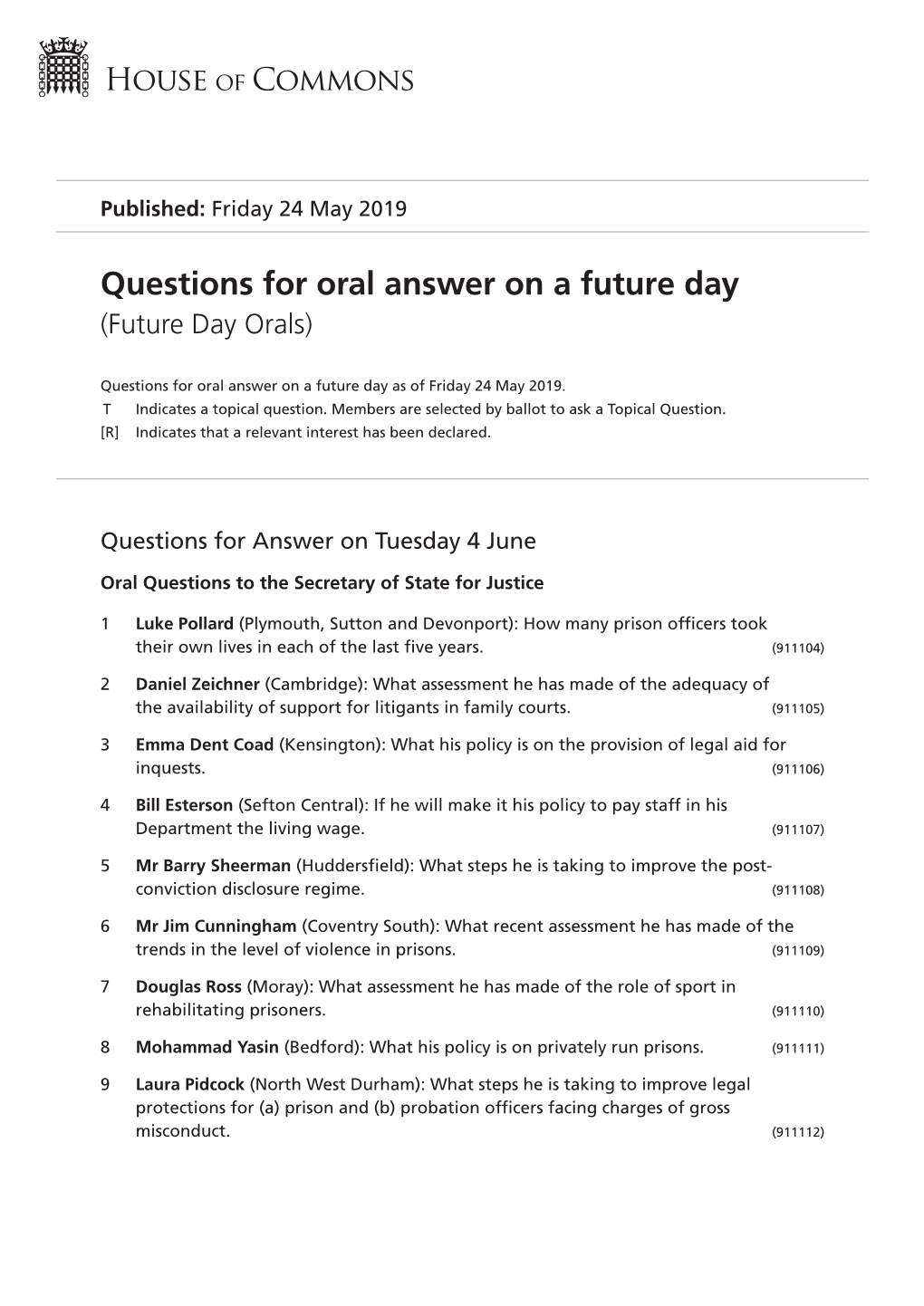 Future Oral Questions As of Fri 24 May 2019